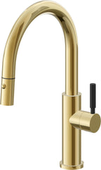 California Faucets Corsano Llave de Cocina Extraible Contemporanea con Rociador de Boton - Pico Bajo en Arco - Oro Pulido de por Vida