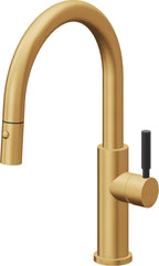 California Faucets Corsano Llave de Cocina Extraible Contemporanea con Rociador de Boton - Pico Bajo en Arco - Oro Satinado de por Vida
