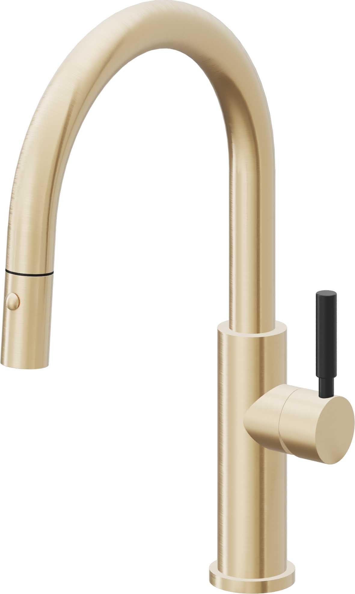 California Faucets Corsano Llave de Cocina Extraible Contemporanea con Rociador de Boton - Pico Bajo en Arco - Latón Satinado