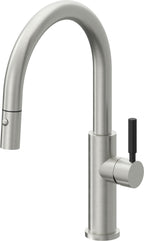 California Faucets Corsano Llave de Cocina Extraible Contemporanea con Rociador de Boton - Pico Bajo en Arco - Cromo Satinado