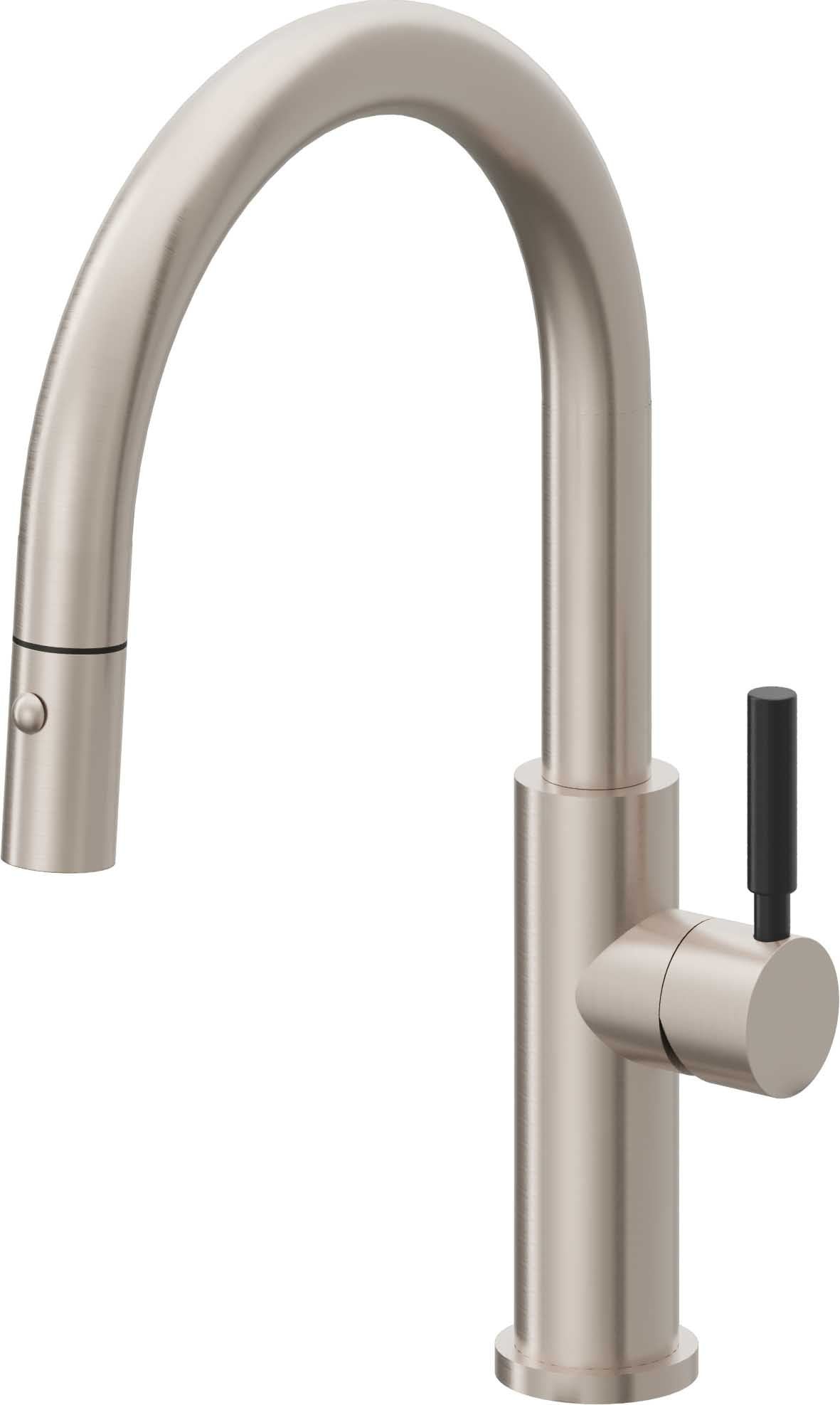California Faucets Corsano Llave de Cocina Extraible Contemporanea con Rociador de Boton - Pico Bajo en Arco - Níquel Satinado