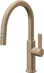 California Faucets Corsano Llave de Cocina Extraible Contemporanea con Rociador de Boton - Pico Bajo en Arco - Latón Antiguo Mate
