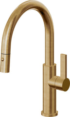 California Faucets Corsano Llave de Cocina Extraible Contemporanea con Rociador de Boton - Pico Bajo en Arco - Latón Bruñido