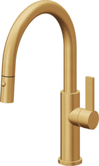 California Faucets Corsano Llave de Cocina Extraible Contemporanea con Rociador de Boton - Pico Bajo en Arco - Oro Satinado de por Vida
