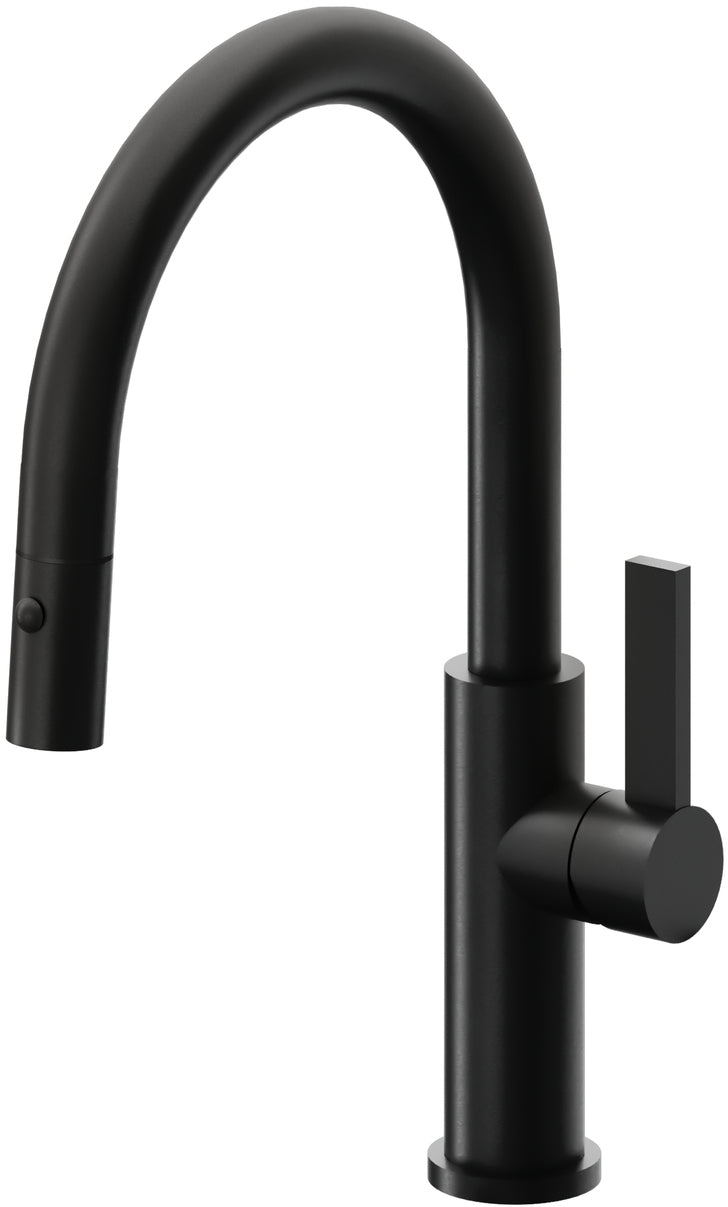 California Faucets Corsano Llave de Cocina Extraible Contemporanea con Rociador de Boton - Pico Bajo en Arco - Negro Mate