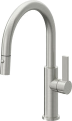 California Faucets Corsano Llave de Cocina Extraible Contemporanea con Rociador de Boton - Pico Bajo en Arco - Cromo Satinado