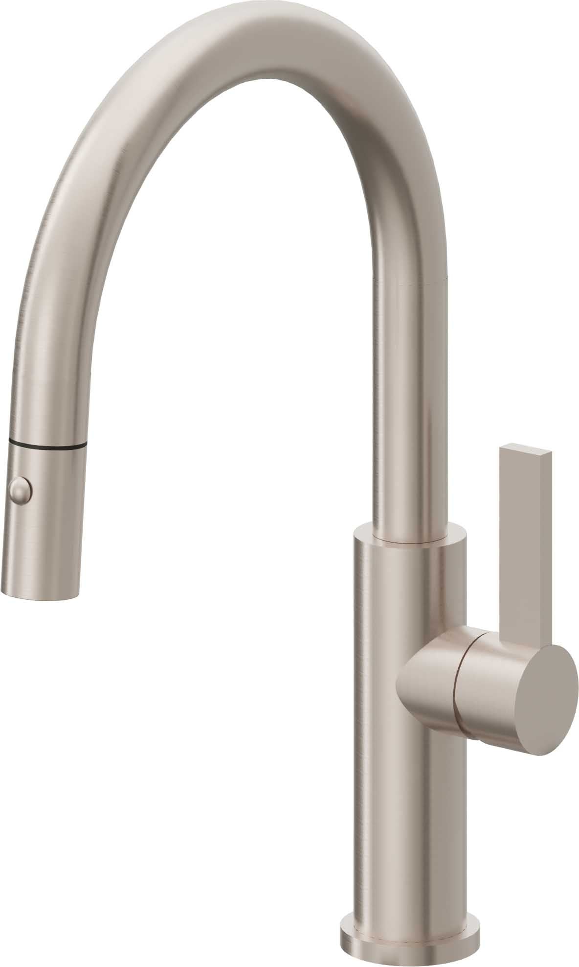 California Faucets Corsano Llave de Cocina Extraible Contemporanea con Rociador de Boton - Pico Bajo en Arco - Níquel Satinado