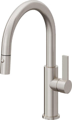 California Faucets Corsano Llave de Cocina Extraible Contemporanea con Rociador de Boton - Pico Bajo en Arco - Acero Inoxidable Ultra