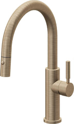 California Faucets Corsano Llave de Cocina Extraible Contemporanea con Rociador de Boton - Pico Bajo en Arco - Latón Antiguo Mate