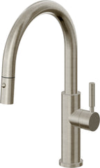 California Faucets Corsano Llave de Cocina Extraible Contemporanea con Rociador de Boton - Pico Bajo en Arco - Níquel Bruñido