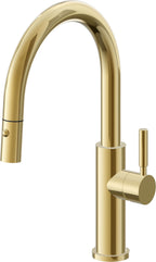 California Faucets Corsano Llave de Cocina Extraible Contemporanea con Rociador de Boton - Pico Bajo en Arco - Oro Pulido de por Vida