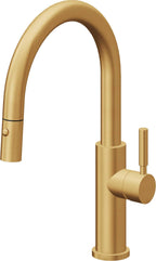 California Faucets Corsano Llave de Cocina Extraible Contemporanea con Rociador de Boton - Pico Bajo en Arco - Oro Satinado de por Vida