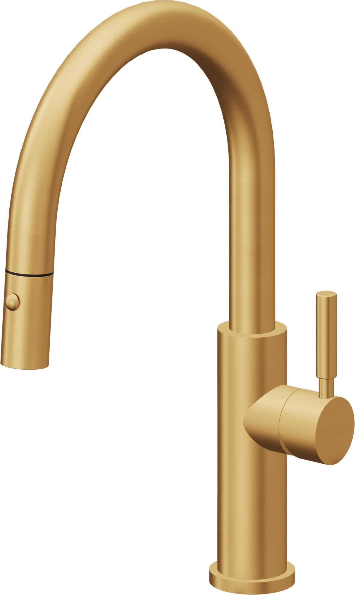 California Faucets Corsano Llave de Cocina Extraible Contemporanea con Rociador de Boton - Pico Bajo en Arco - Oro Satinado de por Vida