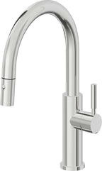 California Faucets Corsano Llave de Cocina Extraible Contemporanea con Rociador de Boton - Pico Bajo en Arco - Cromo Pulido