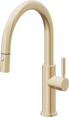 California Faucets Corsano Llave de Cocina Extraible Contemporanea con Rociador de Boton - Pico Bajo en Arco - Latón Satinado
