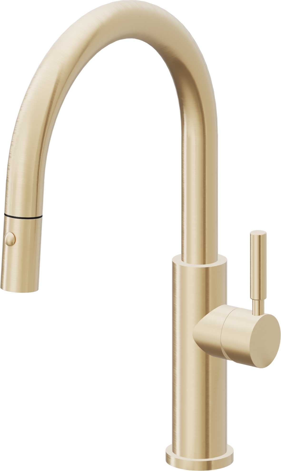 California Faucets Corsano Llave de Cocina Extraible Contemporanea con Rociador de Boton - Pico Bajo en Arco - Latón Satinado