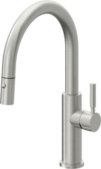 California Faucets Corsano Llave de Cocina Extraible Contemporanea con Rociador de Boton - Pico Bajo en Arco - Cromo Satinado