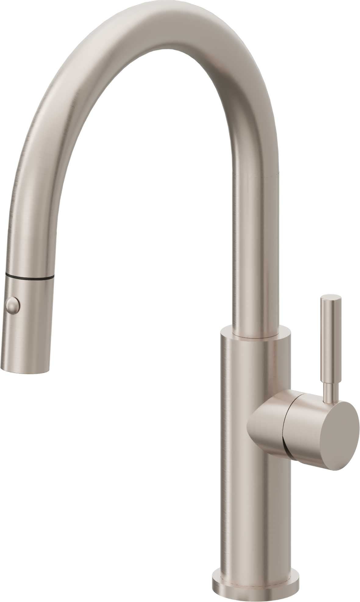 California Faucets Corsano Llave de Cocina Extraible Contemporanea con Rociador de Boton - Pico Bajo en Arco - Níquel Satinado