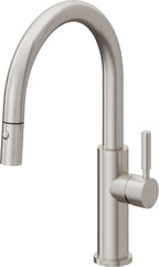 California Faucets Corsano Llave de Cocina Extraible Contemporanea con Rociador de Boton - Pico Bajo en Arco - Acero Inoxidable Ultra
