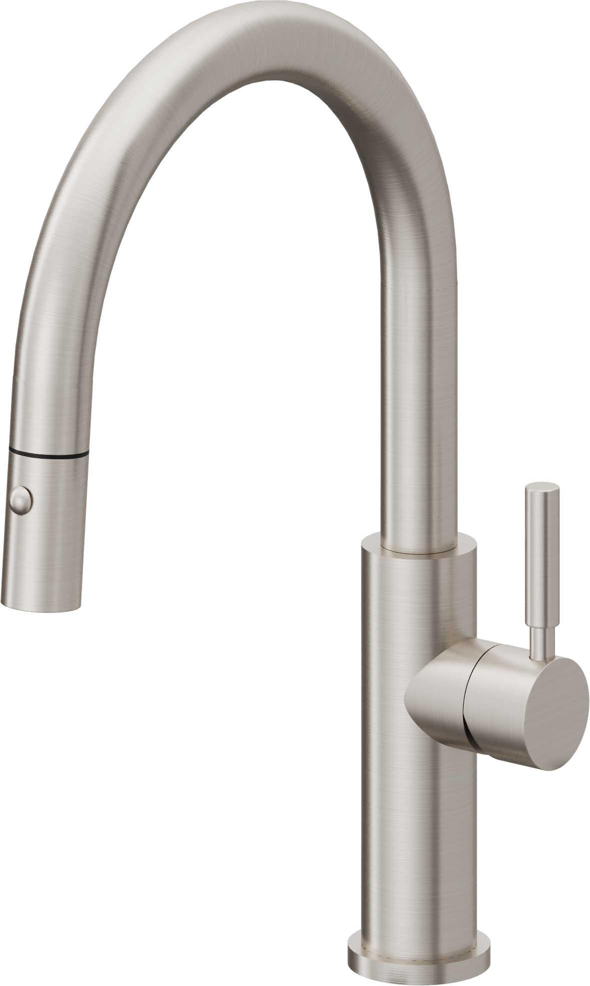 California Faucets Corsano Llave de Cocina Extraible Contemporanea con Rociador de Boton - Pico Bajo en Arco - Acero Inoxidable Ultra
