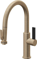 California Faucets Corsano Llave de Cocina Extraible Contemporanea con Rociador de Apretar - Pico Bajo en Arco - Latón Antiguo Mate