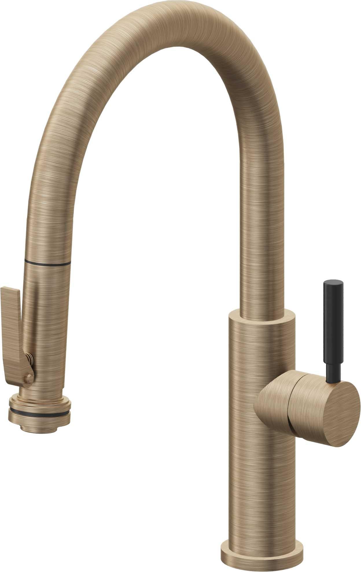 California Faucets Corsano Llave de Cocina Extraible Contemporanea con Rociador de Apretar - Pico Bajo en Arco - Latón Antiguo Mate