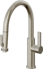 California Faucets Corsano Llave de Cocina Extraible Contemporanea con Rociador de Apretar - Pico Bajo en Arco - Níquel Bruñido