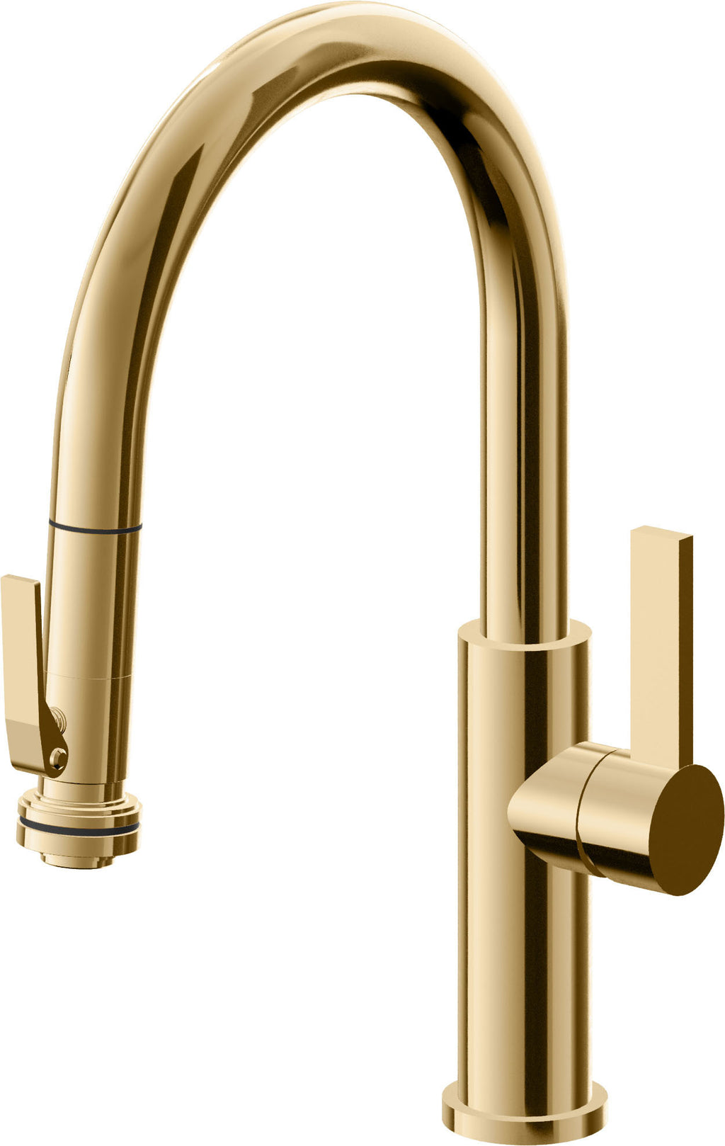 California Faucets Corsano Llave de Cocina Extraible Contemporanea con Rociador de Apretar - Pico Bajo en Arco - Oro Francés