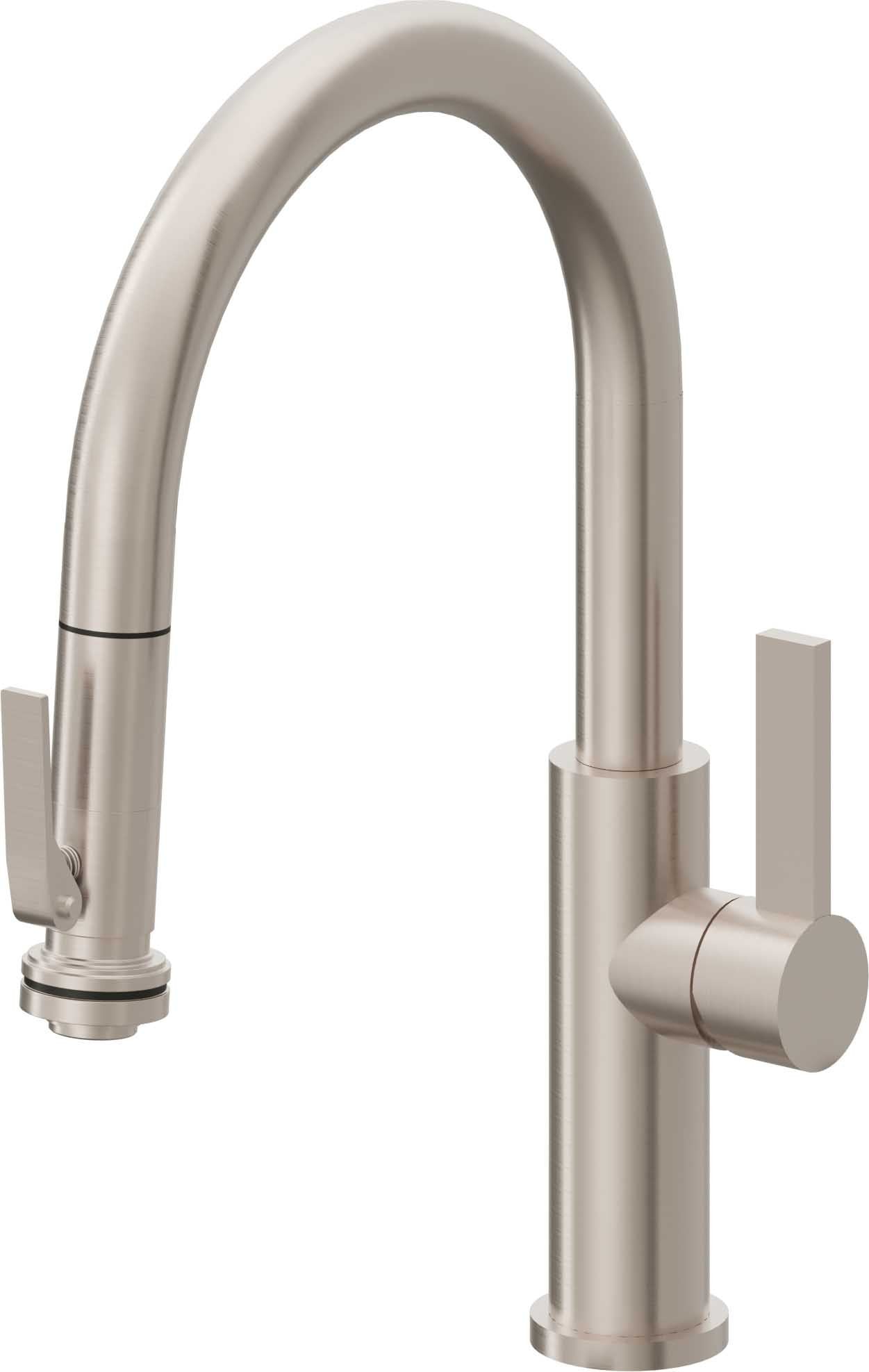 California Faucets Corsano Llave de Cocina Extraible Contemporanea con Rociador de Apretar - Pico Bajo en Arco - Níquel Satinado