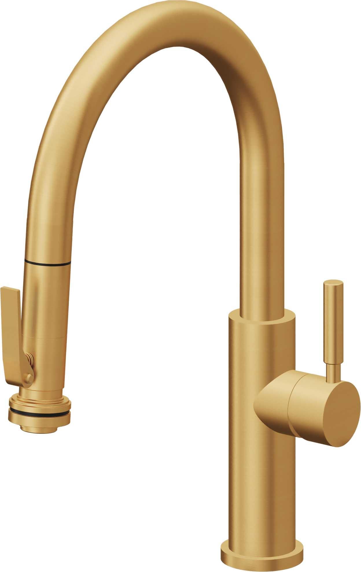 California Faucets Corsano Llave de Cocina Extraible Contemporanea con Rociador de Apretar - Pico Bajo en Arco - Oro Satinado de por Vida