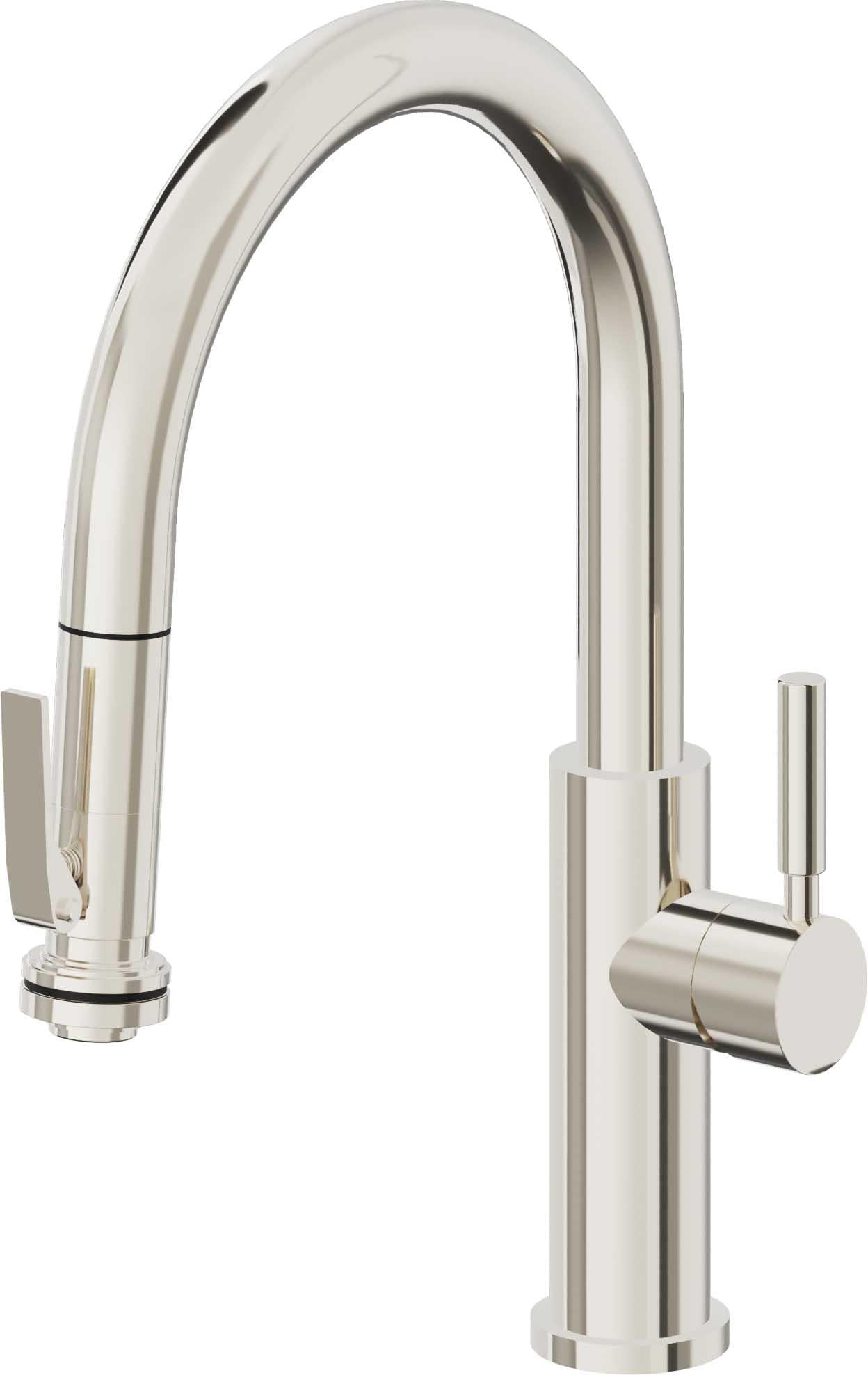 California Faucets Corsano Llave de Cocina Extraible Contemporanea con Rociador de Apretar - Pico Bajo en Arco - Níquel Pulido