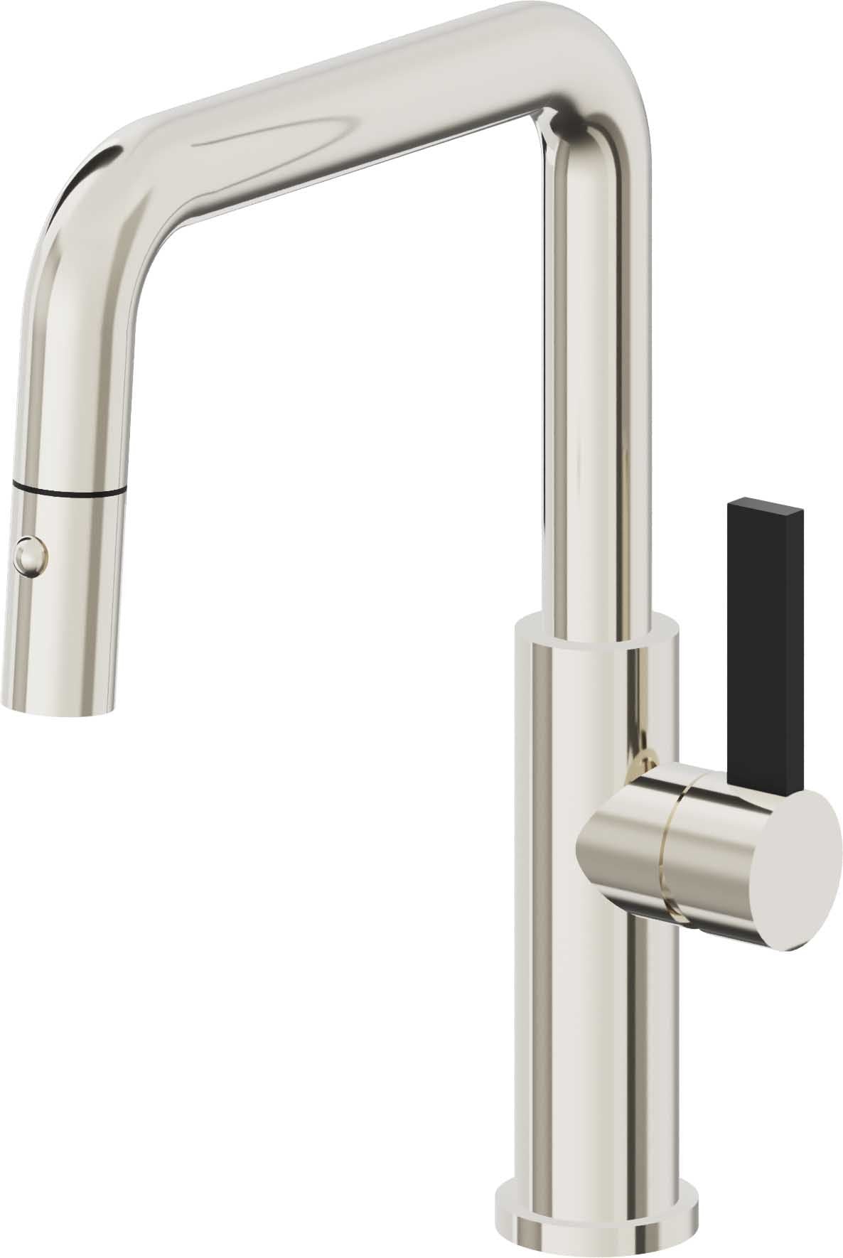 California Faucets Corsano Llave de Cocina Extraible Contemporanea con Rociador de Boton - Pico Cuadruple - Níquel Pulido