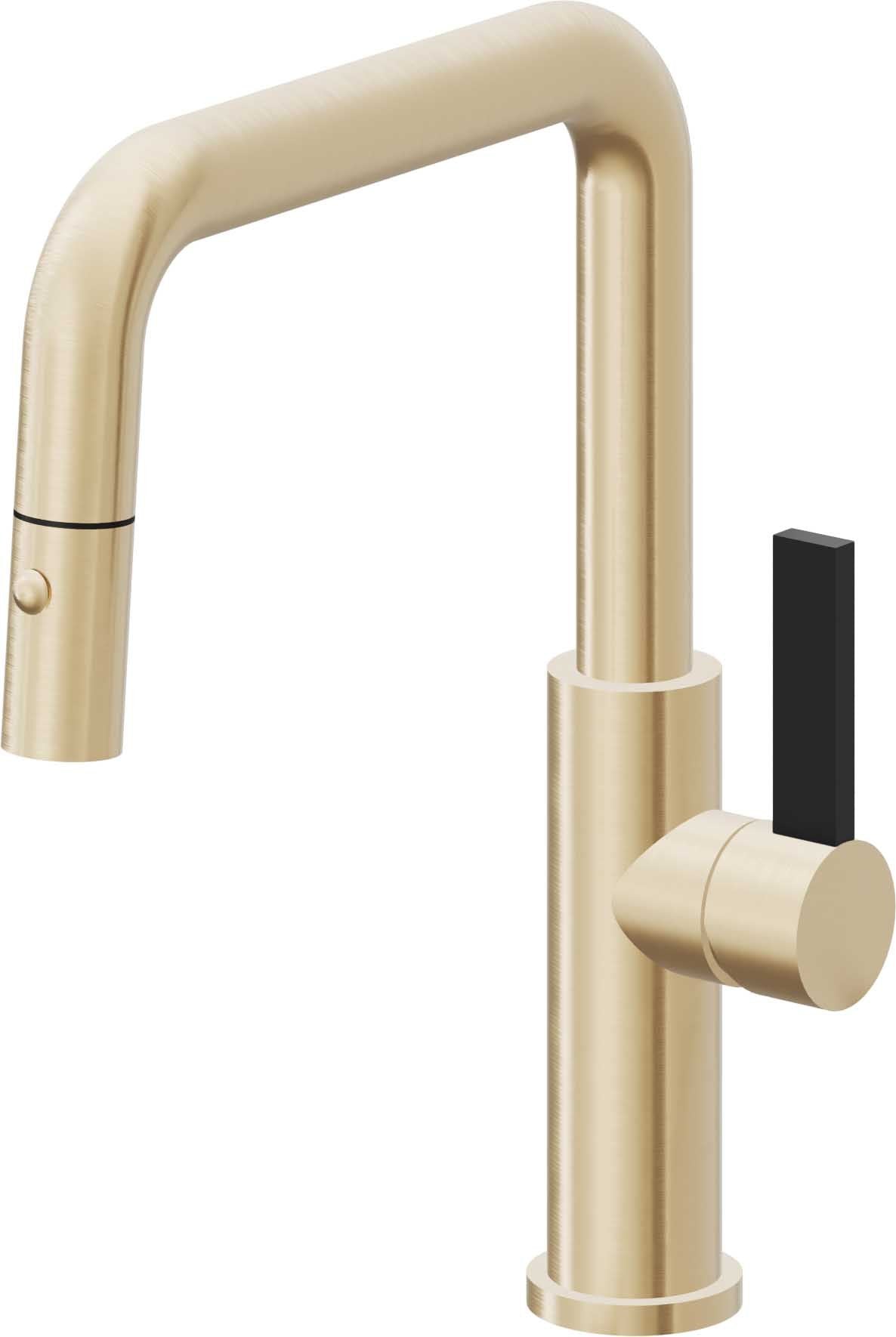 California Faucets Corsano Llave de Cocina Extraible Contemporanea con Rociador de Boton - Pico Cuadruple - Latón Satinado