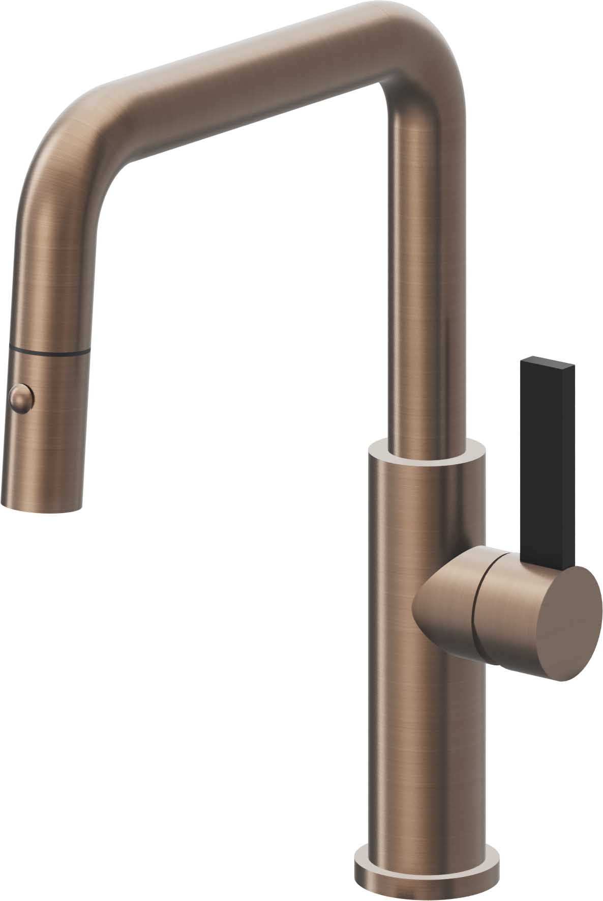 California Faucets Corsano Llave de Cocina Extraible Contemporanea con Rociador de Boton - Pico Cuadruple - Bronce Satinado