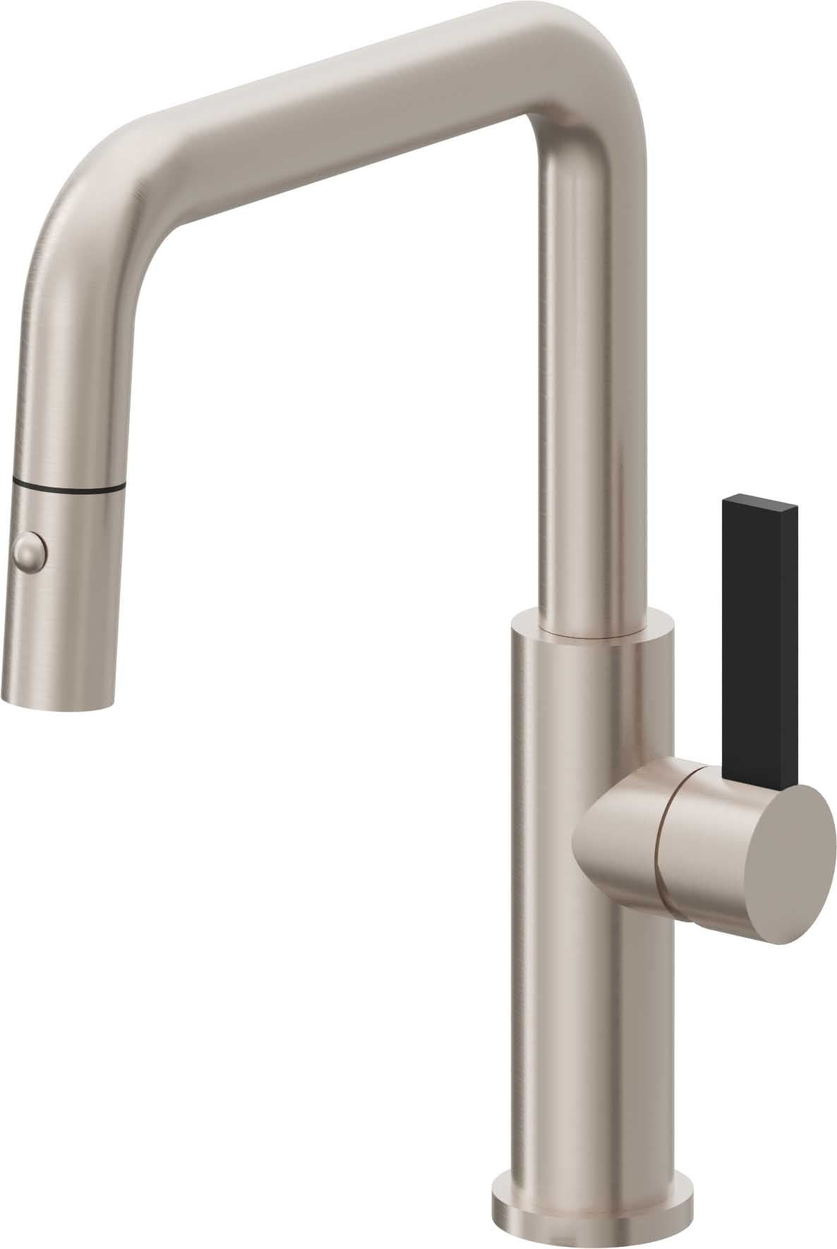 California Faucets Corsano Llave de Cocina Extraible Contemporanea con Rociador de Boton - Pico Cuadruple - Níquel Satinado