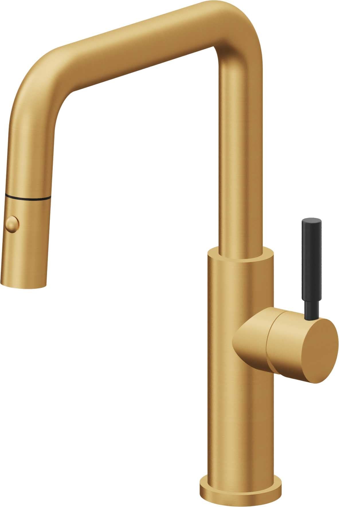 California Faucets Corsano Llave de Cocina Extraible Contemporanea con Rociador de Boton - Pico Cuadruple - Oro Satinado de por Vida