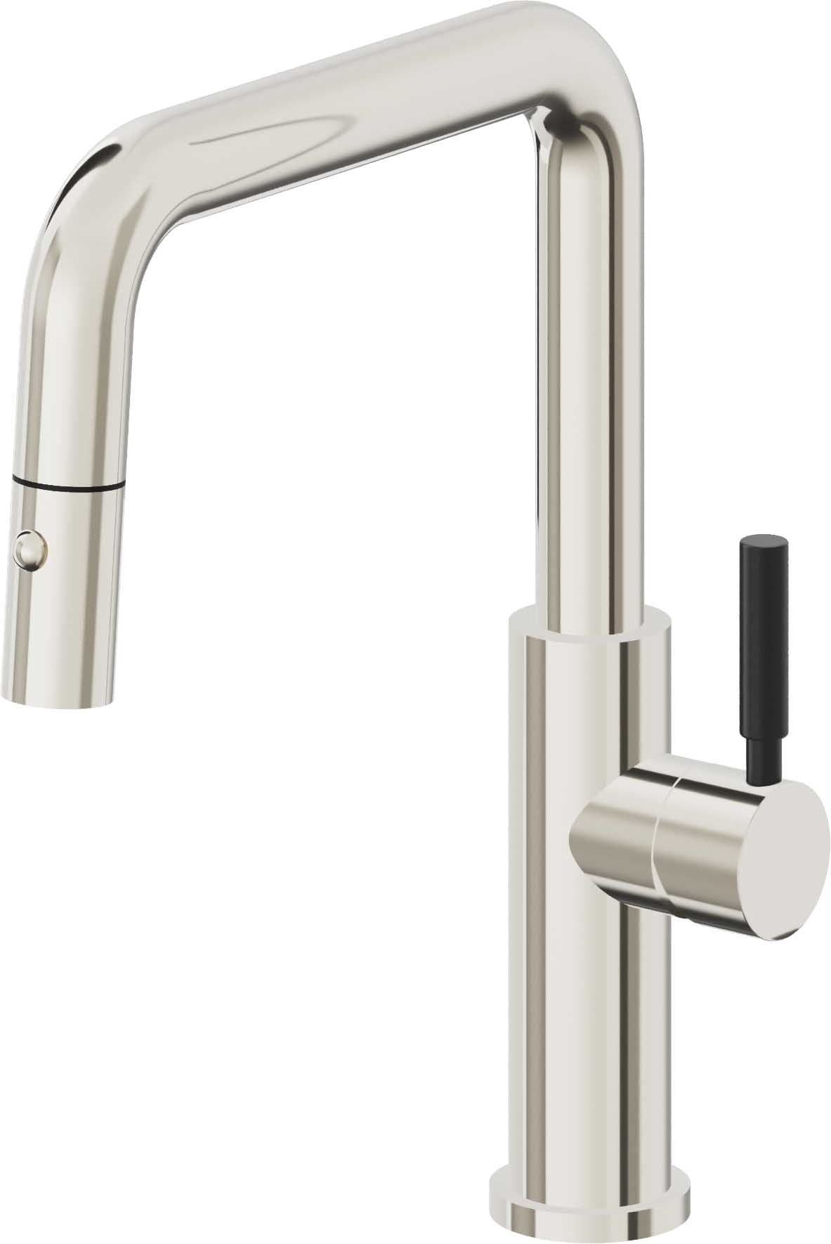 California Faucets Corsano Llave de Cocina Extraible Contemporanea con Rociador de Boton - Pico Cuadruple - Níquel Pulido