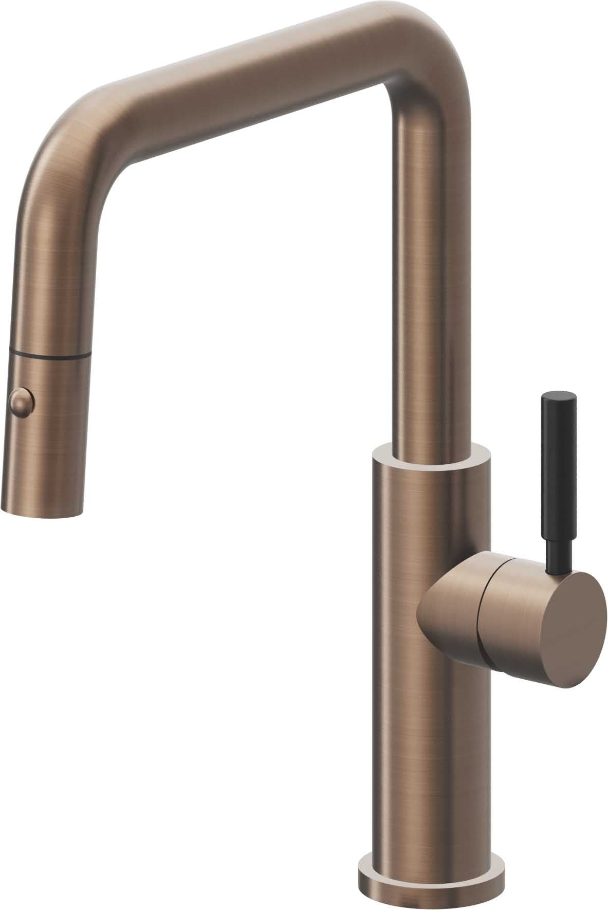 California Faucets Corsano Llave de Cocina Extraible Contemporanea con Rociador de Boton - Pico Cuadruple - Bronce Satinado