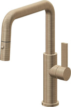 California Faucets Corsano Llave de Cocina Extraible Contemporanea con Rociador de Boton - Pico Cuadruple - Latón Antiguo Mate