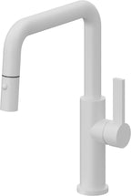 California Faucets Corsano Llave de Cocina Extraible Contemporanea con Rociador de Boton - Pico Cuadruple - Blanco Mate