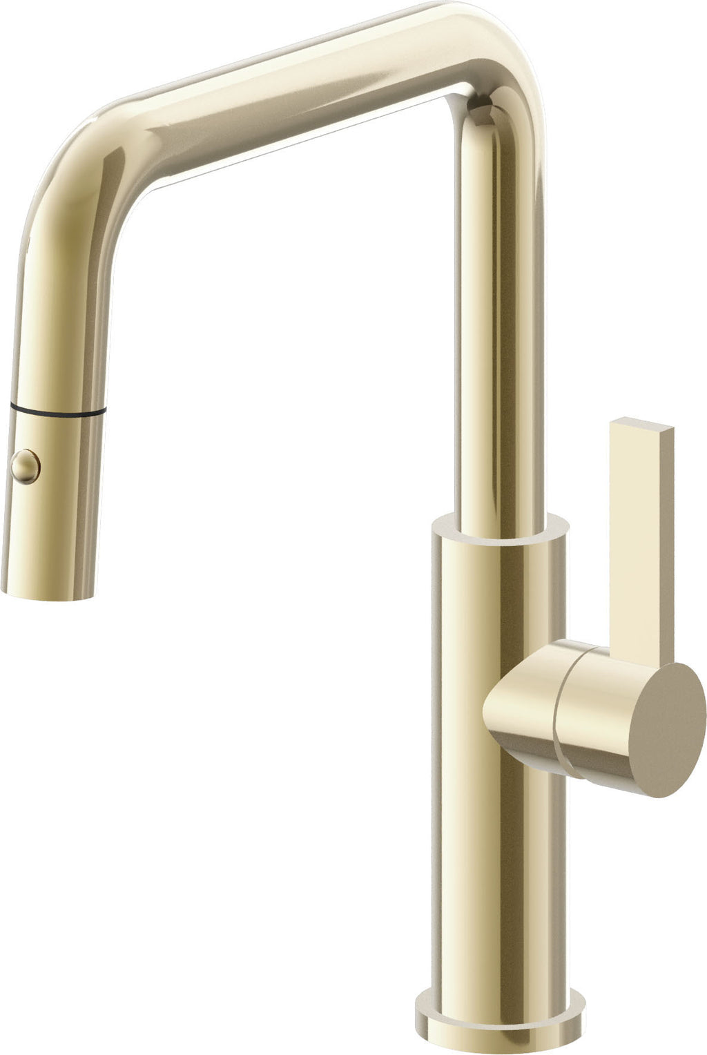 California Faucets Corsano Llave de Cocina Extraible Contemporanea con Rociador de Boton - Pico Cuadruple - Latón Pulido
