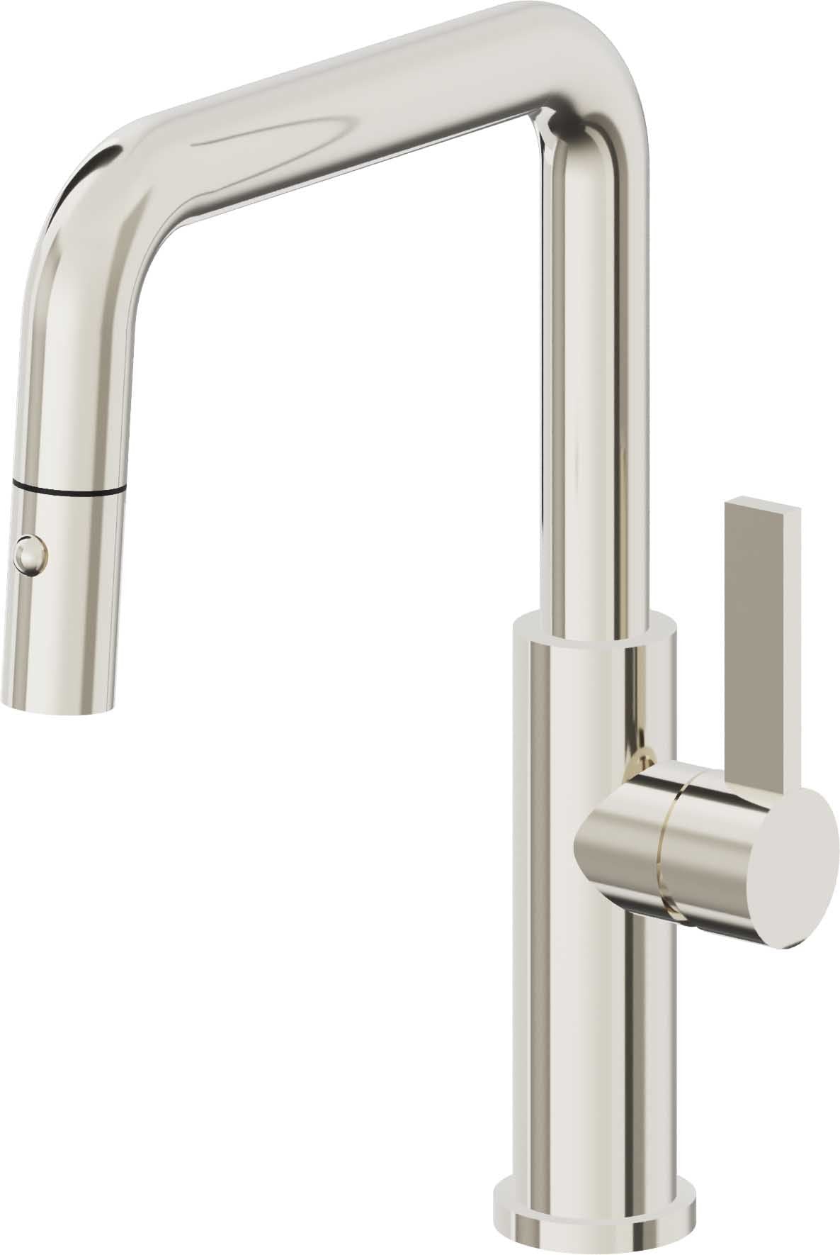 California Faucets Corsano Llave de Cocina Extraible Contemporanea con Rociador de Boton - Pico Cuadruple - Níquel Pulido