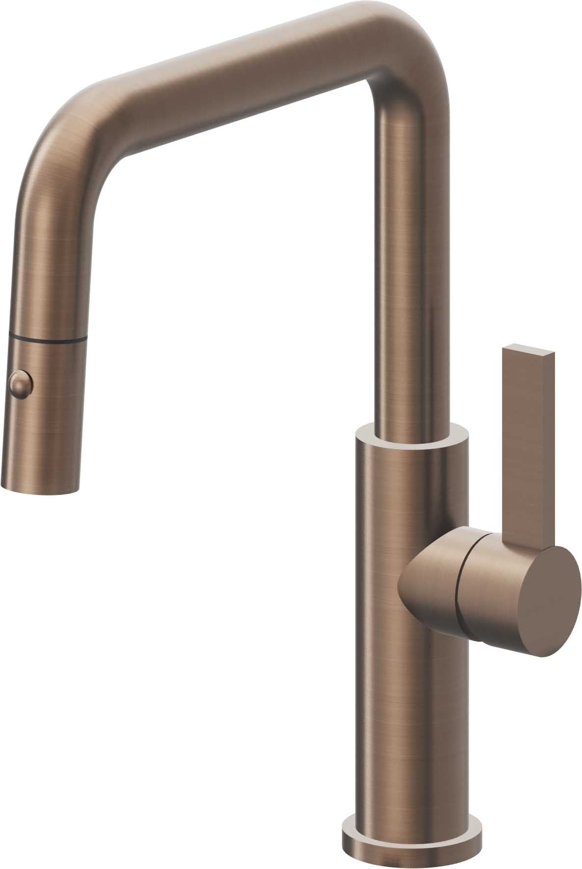 California Faucets Corsano Llave de Cocina Extraible Contemporanea con Rociador de Boton - Pico Cuadruple - Bronce Satinado