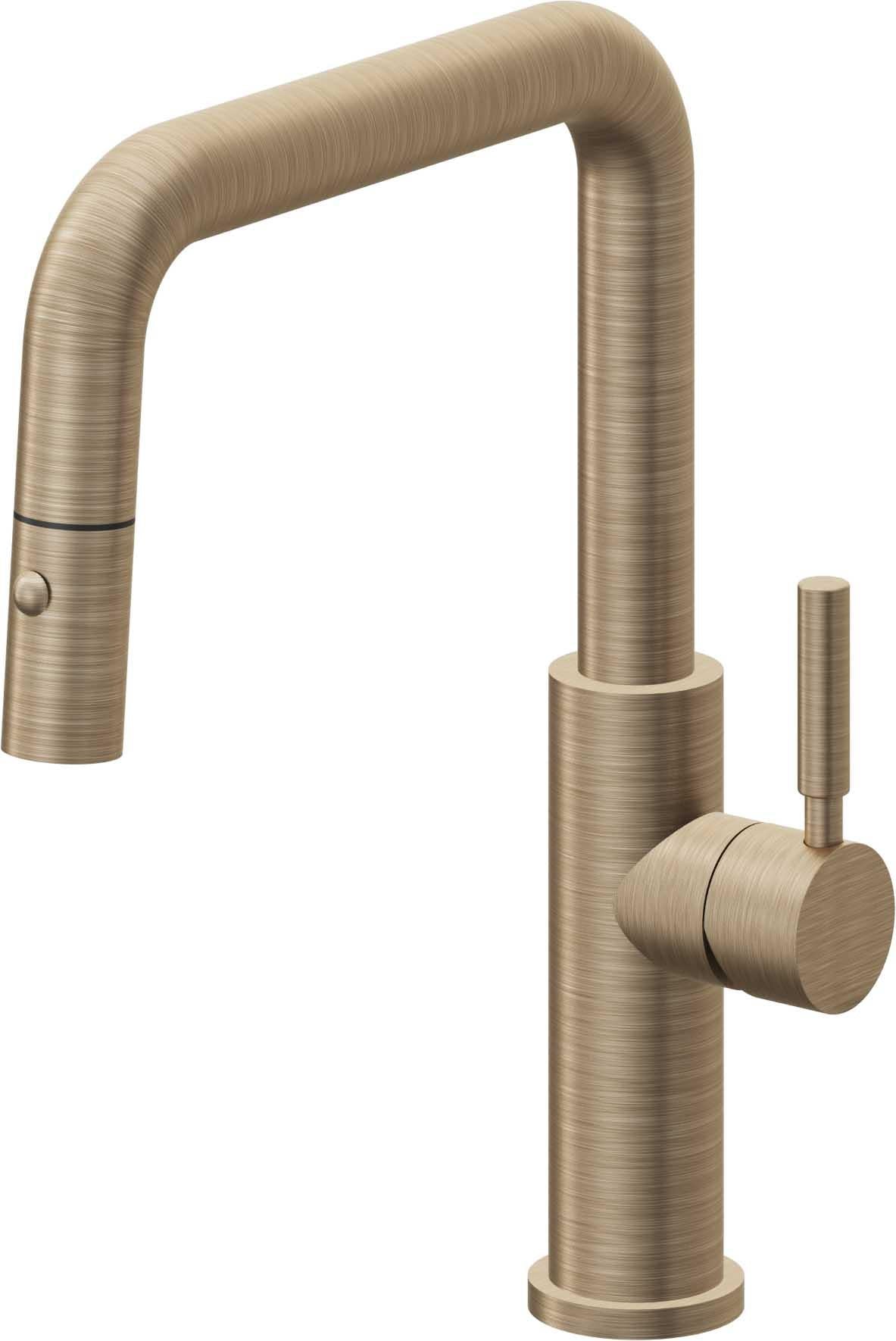 California Faucets Corsano Llave de Cocina Extraible Contemporanea con Rociador de Boton - Pico Cuadruple - Latón Antiguo Mate