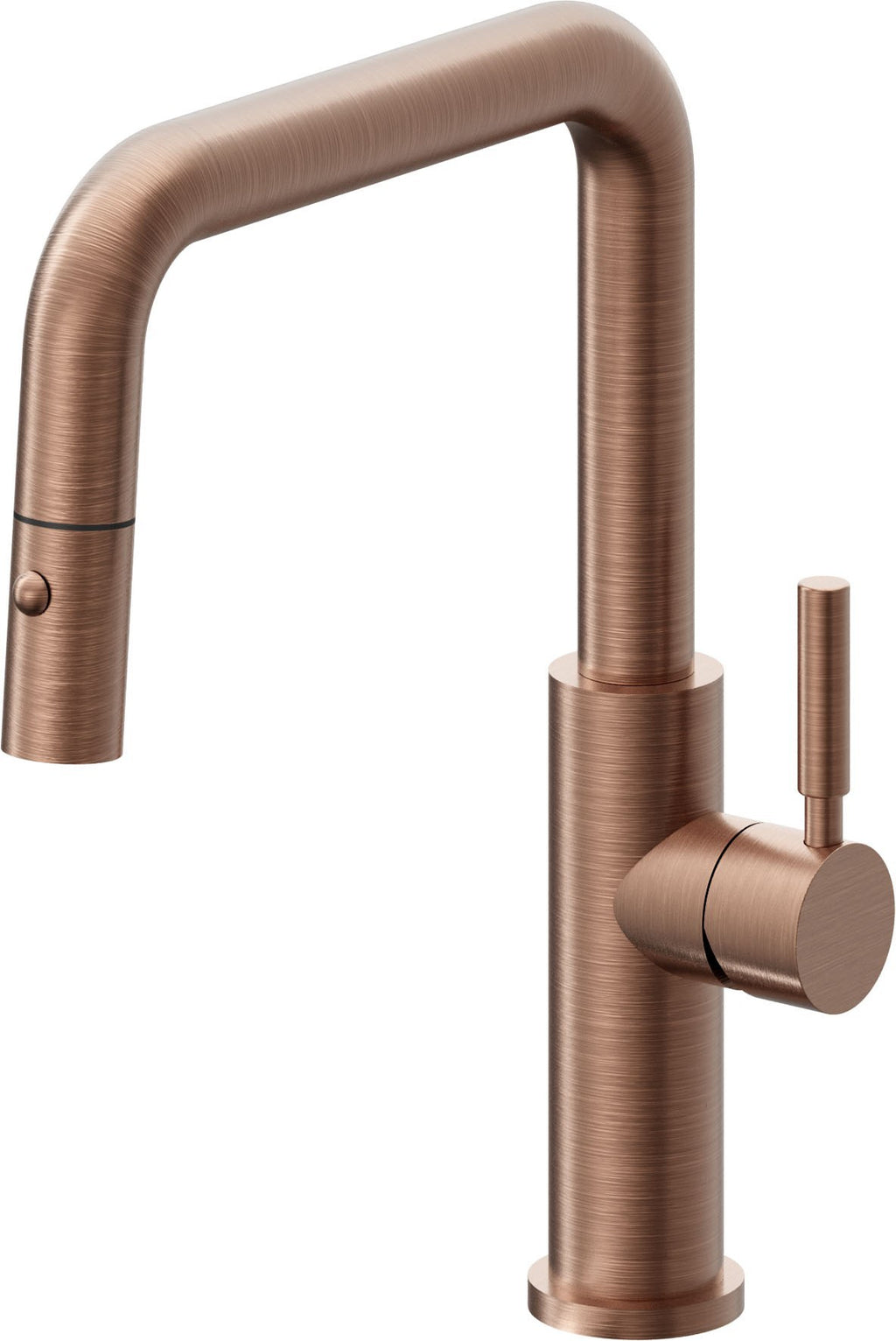 California Faucets Corsano Llave de Cocina Extraible Contemporanea con Rociador de Boton - Pico Cuadruple - Cobre Antiguo Mate