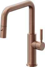 California Faucets Corsano Llave de Cocina Extraible Contemporanea con Rociador de Boton - Pico Cuadruple - Cobre Antiguo Mate