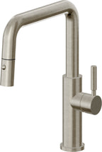 California Faucets Corsano Llave de Cocina Extraible Contemporanea con Rociador de Boton - Pico Cuadruple - Níquel Bruñido