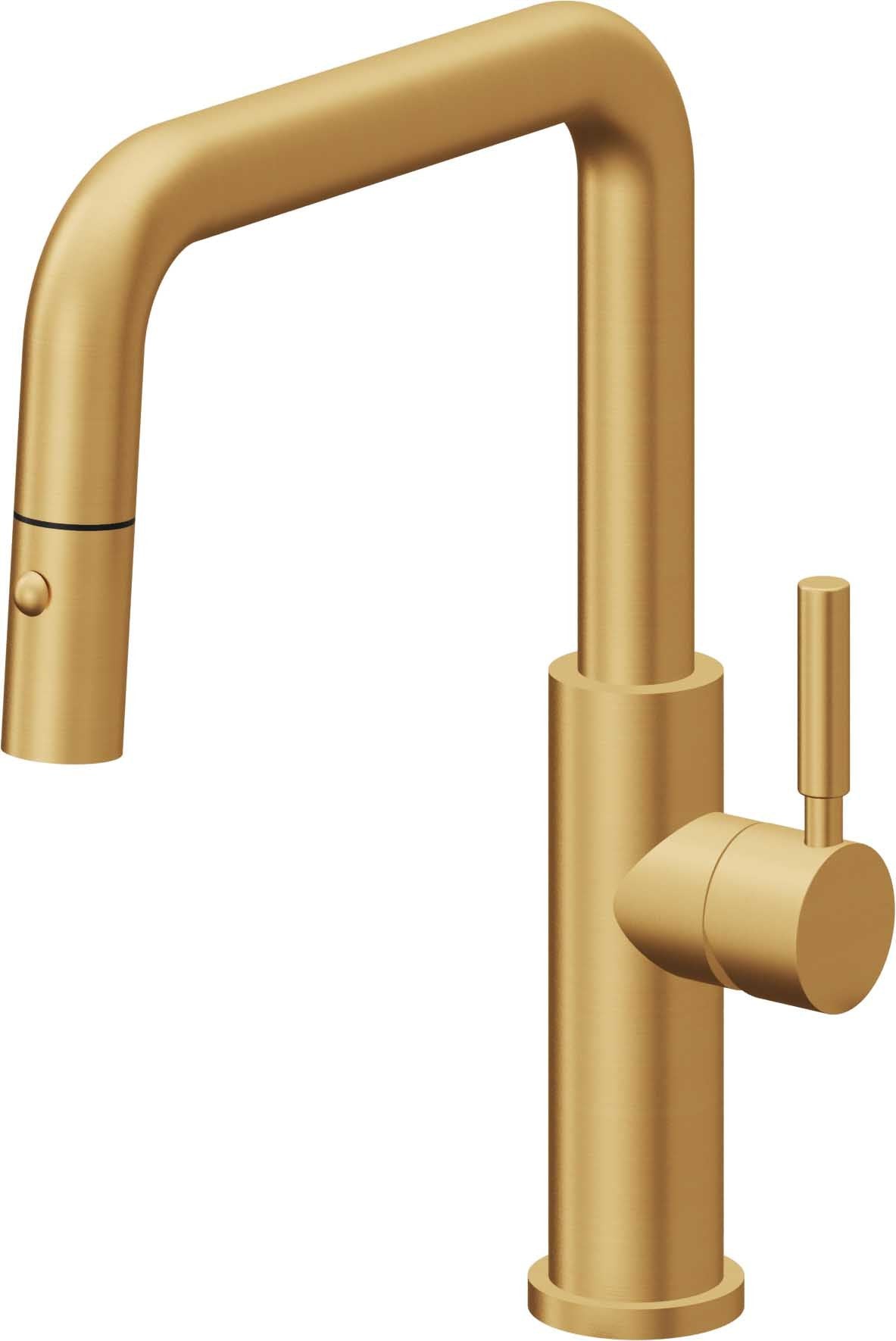 California Faucets Corsano Llave de Cocina Extraible Contemporanea con Rociador de Boton - Pico Cuadruple - Oro Satinado de por Vida