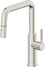California Faucets Corsano Llave de Cocina Extraible Contemporanea con Rociador de Boton - Pico Cuadruple - Níquel Pulido