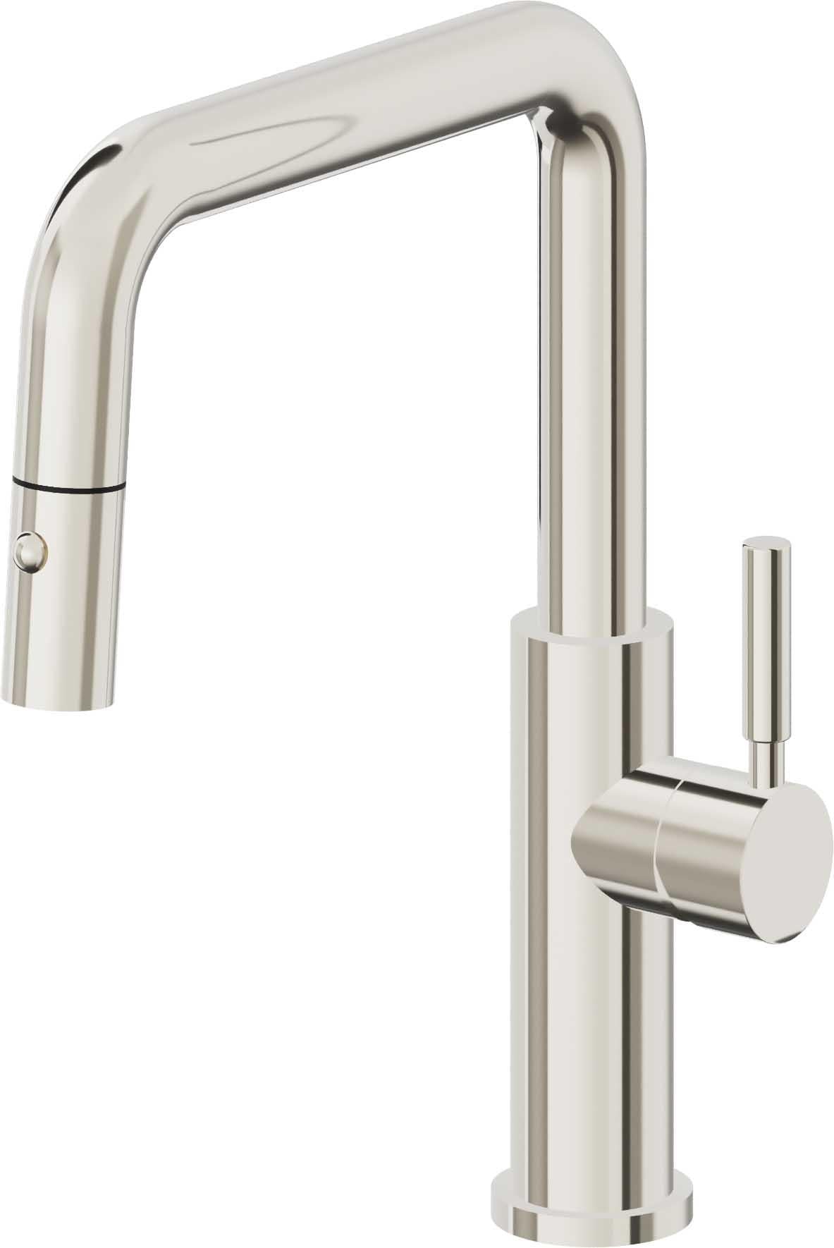 California Faucets Corsano Llave de Cocina Extraible Contemporanea con Rociador de Boton - Pico Cuadruple - Níquel Pulido